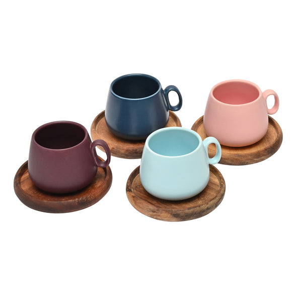 Coffee Culture set of 4 Matte Colour Espresso Cups with bamboo Coasters 90ml