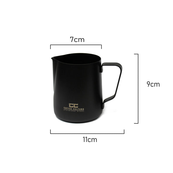 Measurements of Coffee Culture black stainless steel milk frothing jug 350ml