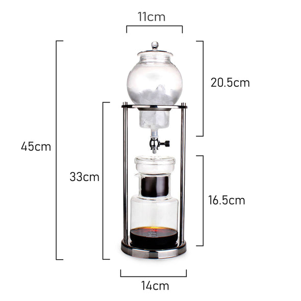 Measurements of Coffee Culture Cold drip coffee maker 600ml Borosilicate Glass with stainless steel frame