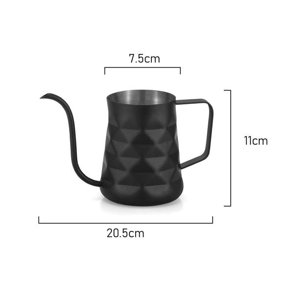 Measurements of Coffee Culture black diamond Goose Neck Pour Over Jug 600ml mad from quality Stainless Steel