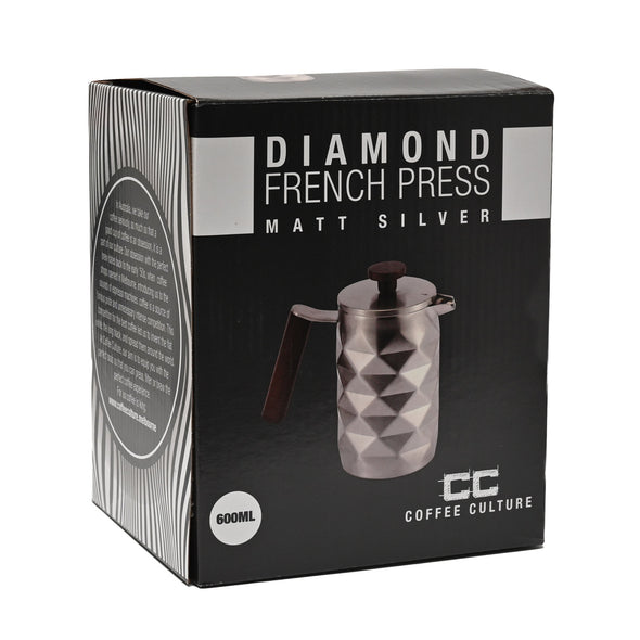 Coffee Culture Double Wall French Press / Plunger <br>Diamond Matt Silver <br>600ml