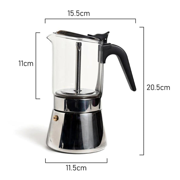Measurement of Coffee Culture Borosilicate Glass induction compatible stove top coffee maker 10 cup with Stainless Steel Base