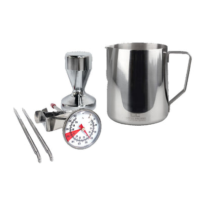 Coffee Culture barista set with Stainless Steel Milk Jug, Stainless Steel Heavy Duty Solid Tamper, Milk Thermometer and 2 Coffee Art Pens 