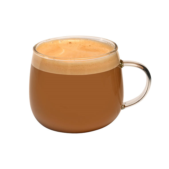 Coffee Culture Aria borosilicate glass mug filled with coffee