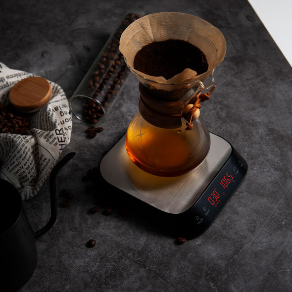 Coffee Culture Stainless Steel Digital coffee scale with LED display measuring a pour over coffee maker