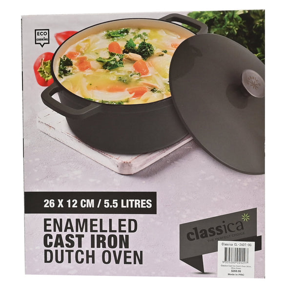 Packaging of Classica Cast Iron Dutch Oven Suitable for all cook tops including induction