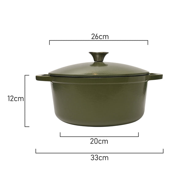 Measurement of Classica Olive Green Cast Iron Dutch Oven Suitable for all cook tops including induction