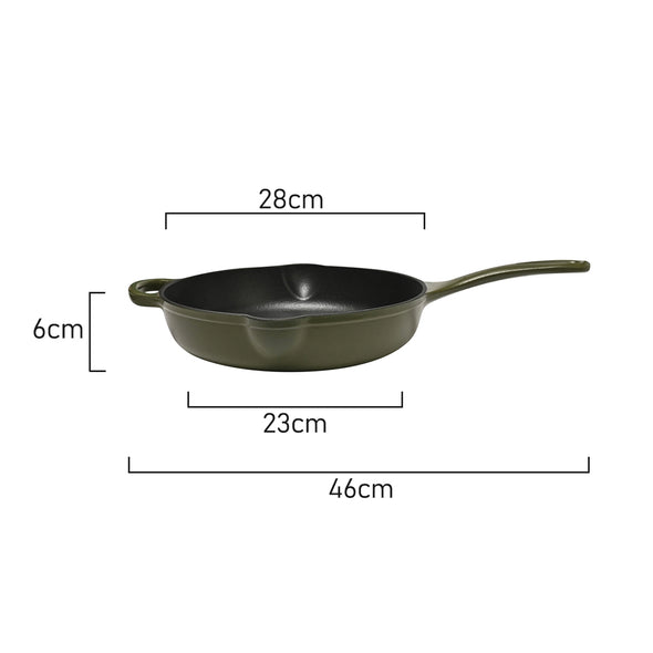 Measurements of Classica Olive Green Cast Iron frypan Skillet with handle