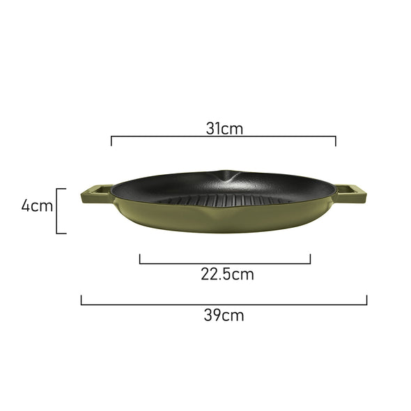 Measurements of Classica Cast Iron Olive Green Grill Pan with handles