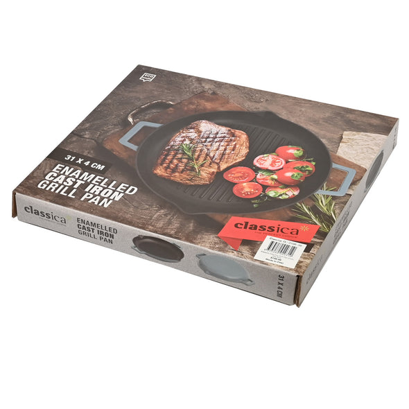 Packaging of Classica Cast Iron Sky Blue Grill Pan with handles
