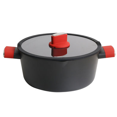 Maximus Black Casserole with Lid and red handles suitable for all cooktops including induction