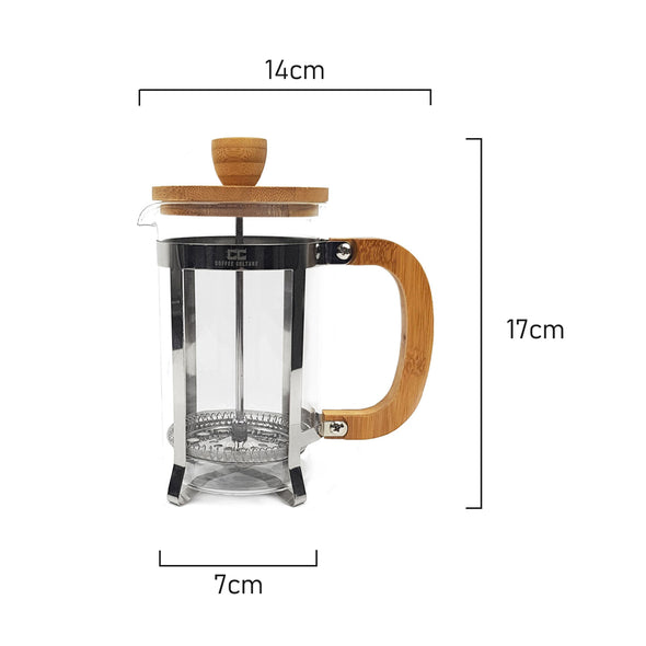 Measurements of Coffee Culture Borosilicate Glass French press Plunger with Bamboo Handle and lid and heavy duty stainless steel frame 3 cup 350ml