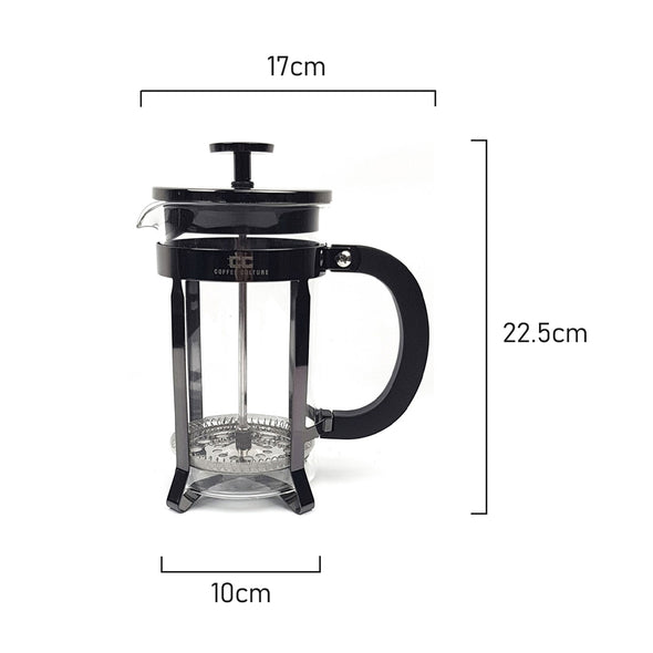 Measurements of Coffee Culture Borosilicate Glass French press Plunger with black heavy duty stainless steel frame 8 cup 1000ml
