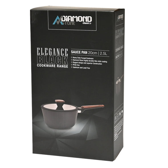 Packaging of Classica Diamond Stone Black Forged Elegance 20cm Saucepan with lid suitable for all stove tops including induction