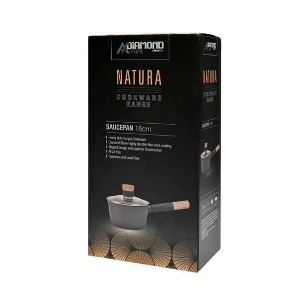 Packaging of Classica Diamond Stone Natura Diecast 16cm Saucepan with lid suitable for all stove tops including induction