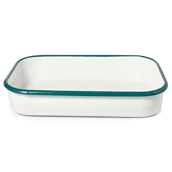 St Clare Enamel White Baking Dish with green trim