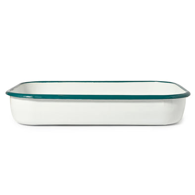 St Clare Enamel White Baking Dish with green trim