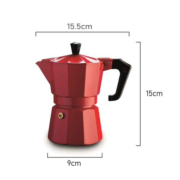 Measurement of Pezzetti Red Stove Top coffee maker 3 cup made in Italy from high quality aluminium