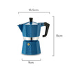 Measurement of Pezzetti teal blue Stove Top coffee maker 3 cup made in Italy from high quality aluminium