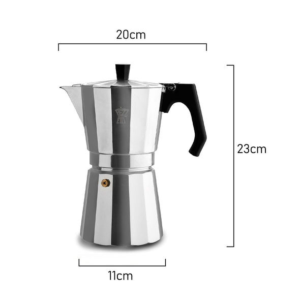 Measurement Pezzetti Luxexpress Silver Stove Top coffee maker 9 cup made in Italy from high quality aluminium