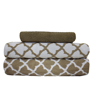 3 Piece Cotton Tree Taupe and white Towel Set Marrakesh pattern