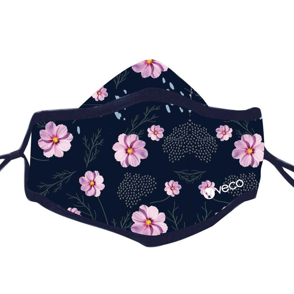 KIDS Washable Face Mask <br>3 layer ANTI-FOG & Antimicrobial cloth fabric <br>Navy with Pink Blossom