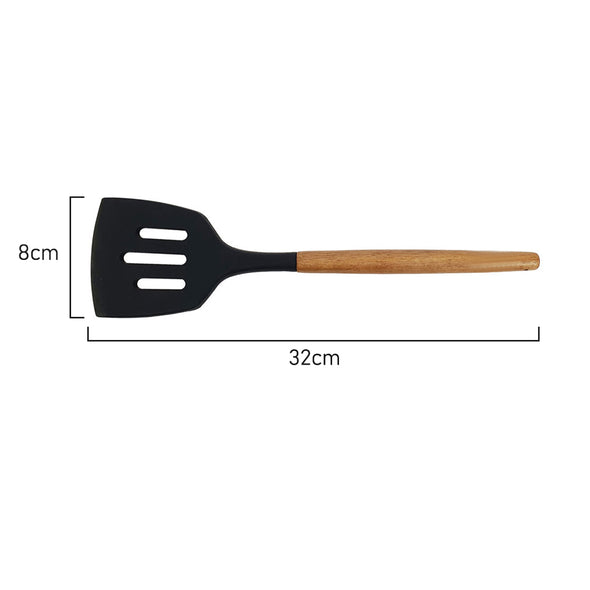 Measurements of St. Clare Black silicone slotted turner with Acacia Handle