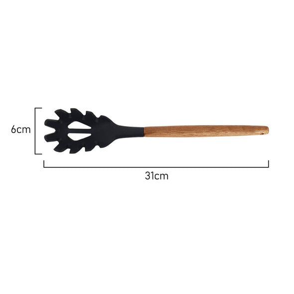 Measurements of St. Clare Black silicone spaghetti spoon with Acacia Handle