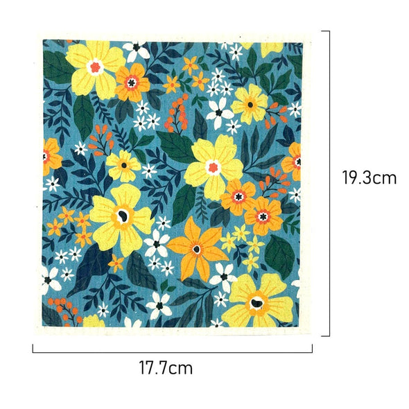 Measurements of Biodegradable Swedish Dish Cloth with Teal Spring Garden Floral pattern