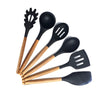 St. Clare 6 Piece Black silicone Utensil Set with Acacia Handle including spaghetti spoon, ladle, slotted spoon, solid spoon, slotted tuner and spatula