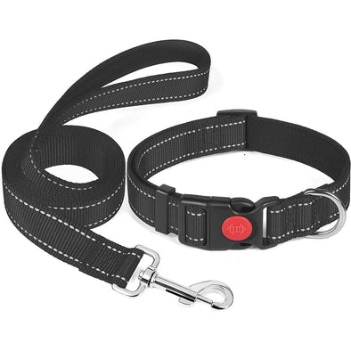 Furzone Black Adjustable Reflective Nylon Dog Medium Collar & Lead Set 