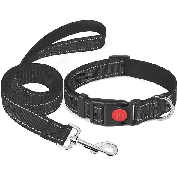 Furzone Black Adjustable Reflective Nylon Dog Large Collar & Lead Set 