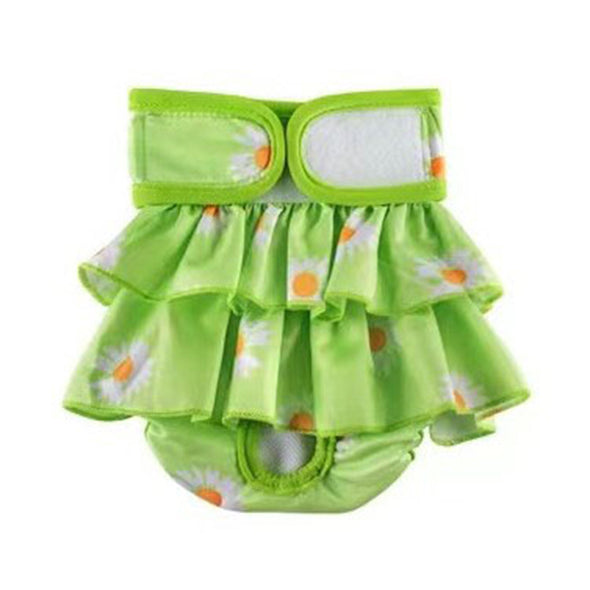 Furzone Extra Small Green Reusable Washable Female skirt Dog Diaper with Daisy pattern for 20 to 35cm waistine