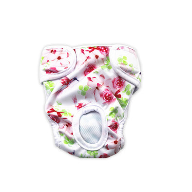 Furzone Medium White Reusable Washable Female Dog Diaper with Pink Rose pattern for 40 to 50cm waistline