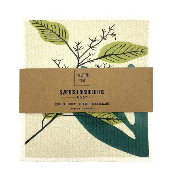 Set of 3 Biodegradable Swedish Dish Cloth with Green leaves patterns