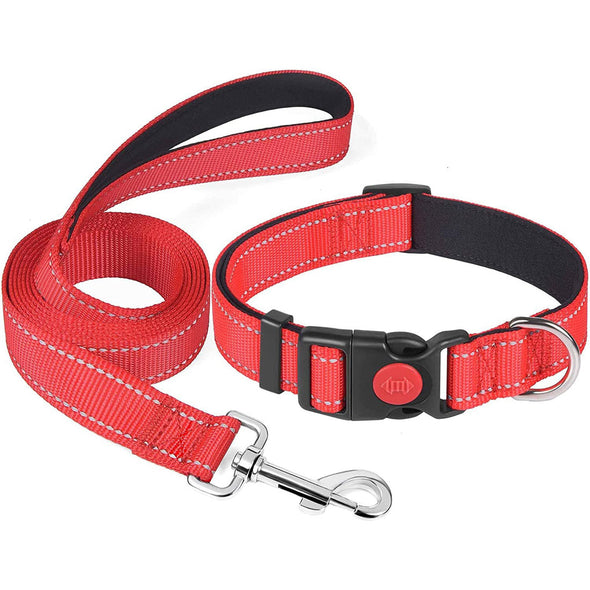 Furzone Red Adjustable Reflective Nylon Dog Medium Collar & Lead Set 