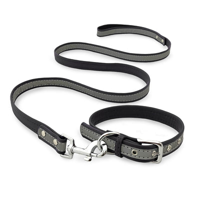 Furzone Medium Black Reflective Vegan Leather Pet Collar & Lead Set 
