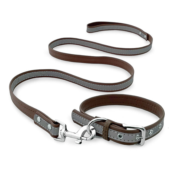Furzone Large Brown Reflective Vegan Leather Pet Collar & Lead Set 