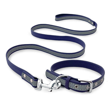 Furzone Extra Small Navy Reflective Vegan Leather Pet Collar & Lead Set 