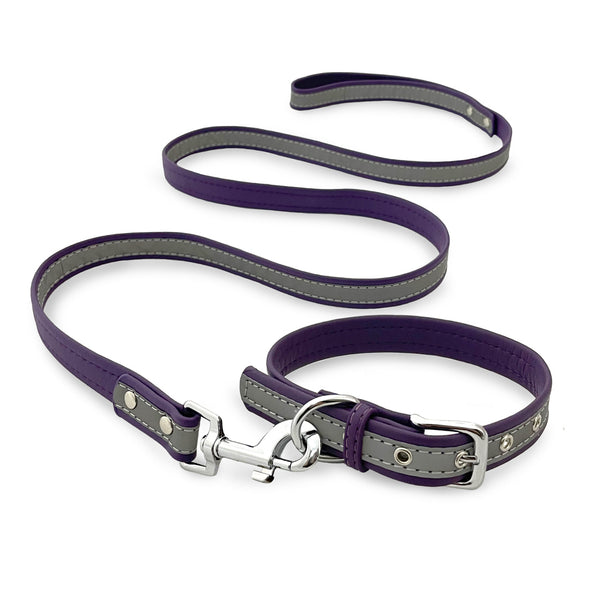 Furzone Medium Purple Reflective Vegan Leather Pet Collar & Lead Set 