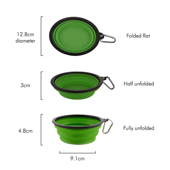 Measurements of Furzone Portable Collapsible Dog/Cat Water & Food Bowls in different folded positions